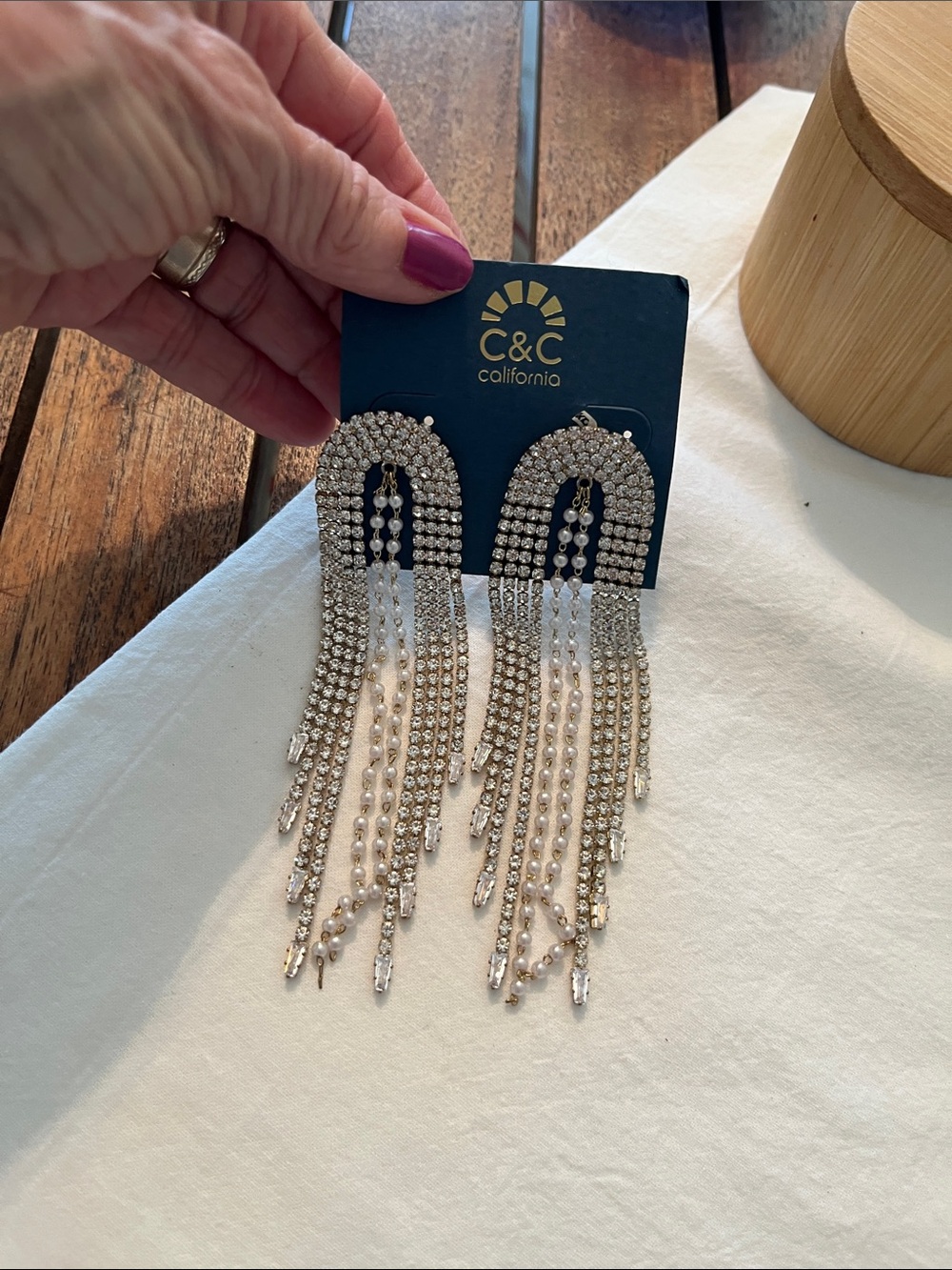 C&C California Silver Crystal Fringe Drop Earrings 4.5” long